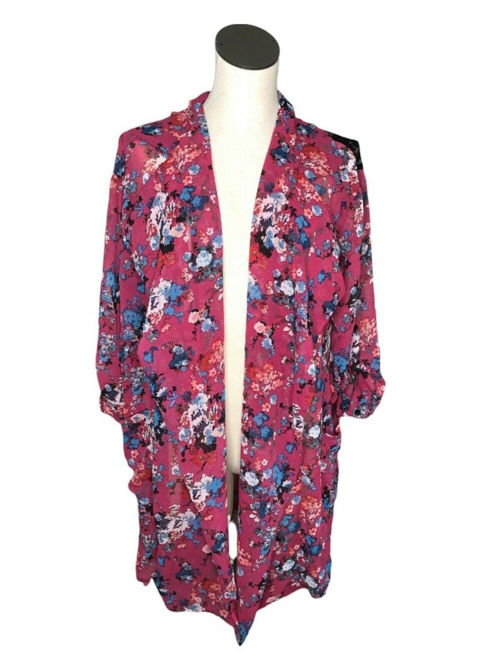 Band of Gypsies Cardigan Womens S Floral Jacket Cranberry Blue Top Lace Boho
